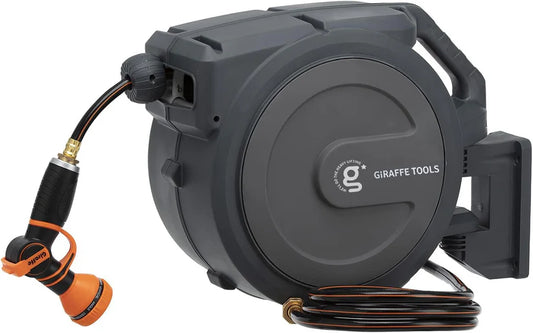 Navy Blue Auto-Rewind Garden Hose Reel – 180° Swivel Wall Mount, 50 ft Retractable Watering System